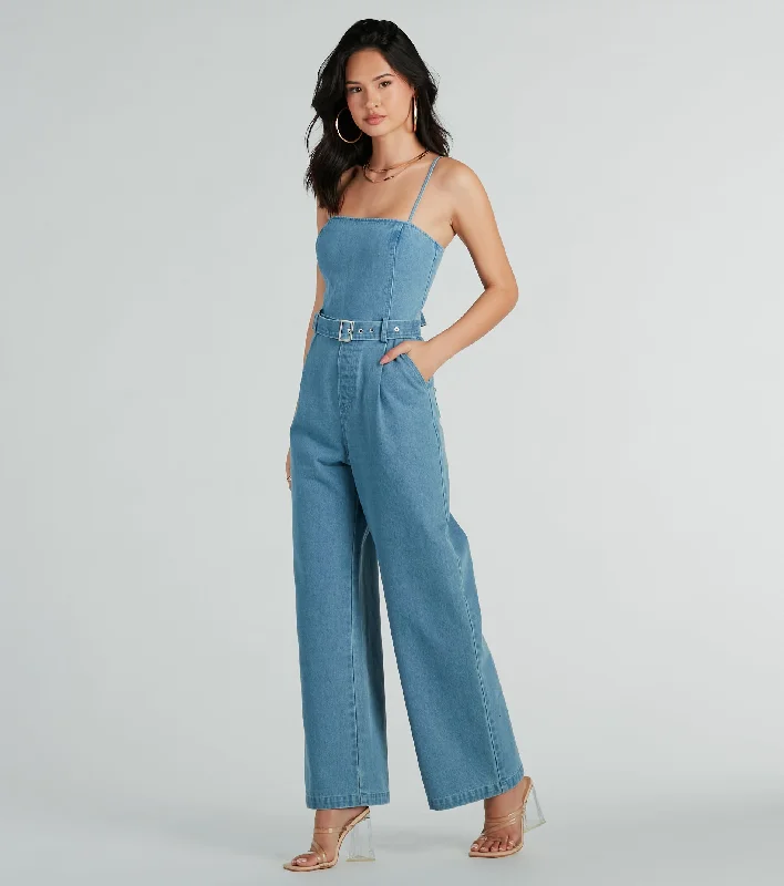 Casual And Comfortable Style Goals Belted Wide-Leg Denim Jumpsuit