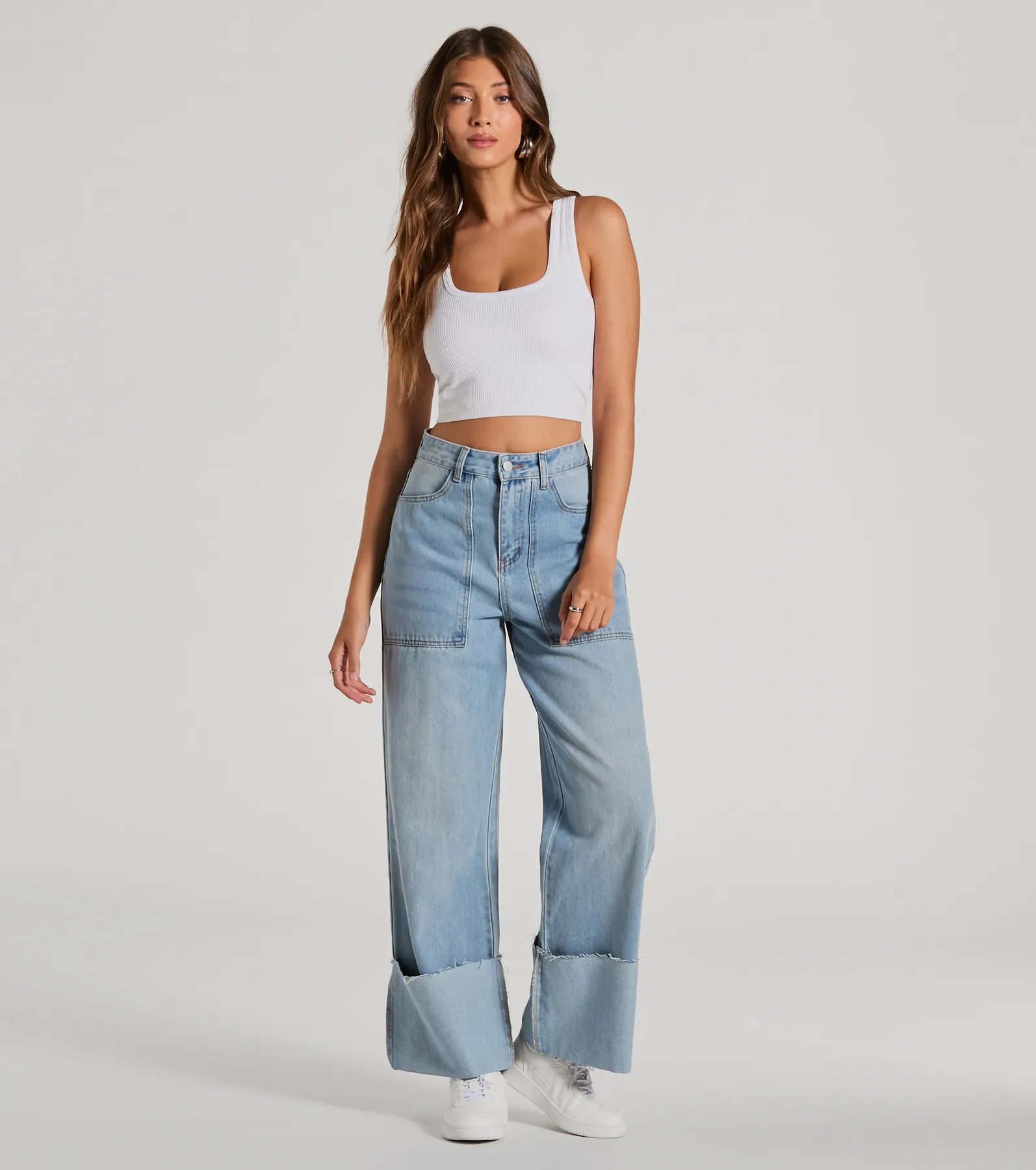 Feminine Charm In The Details High-Rise Wide-Leg Cuffed Denim Jeans
