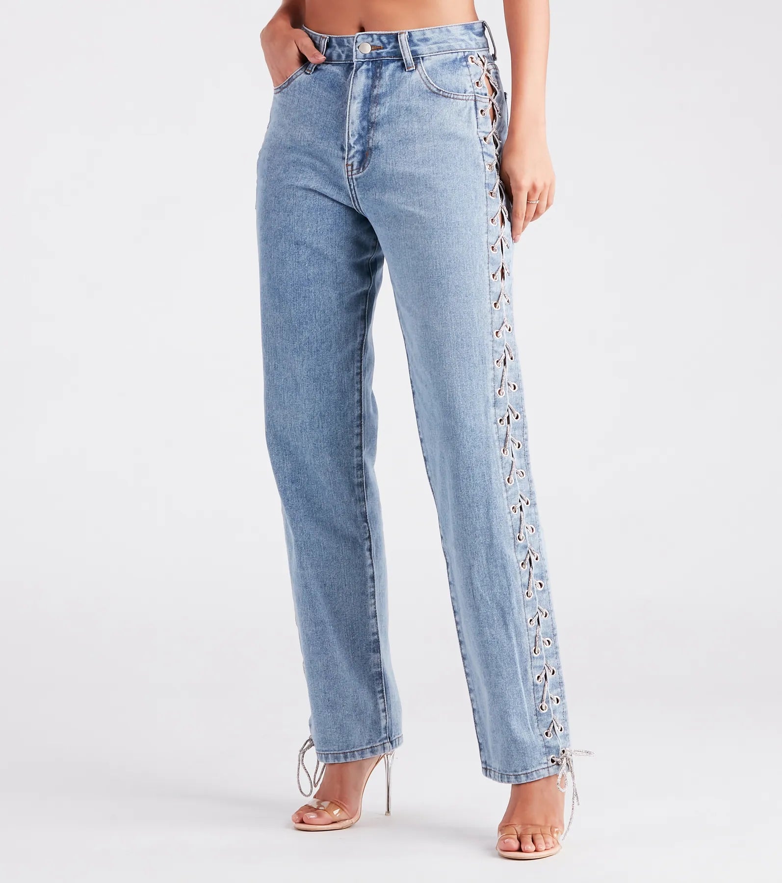 Warm Atmosphere Glam Icon Rhinestone Lace-Up Jeans