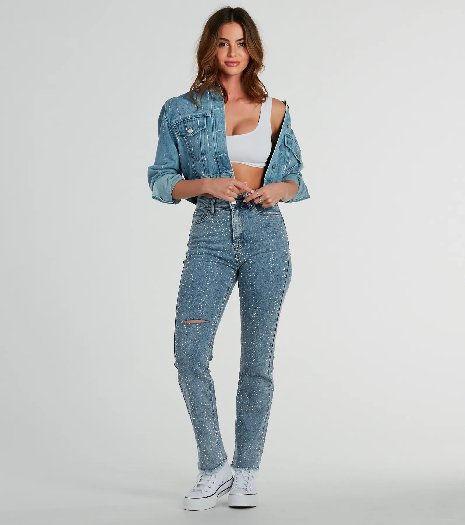 Free And Casual Glam Girlie Rhinestone High Waist Straight-Leg Jeans
