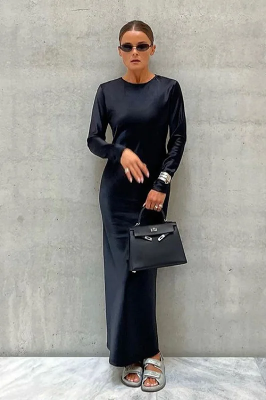 Stretch Design Satin Crew Neck Maxi Dress