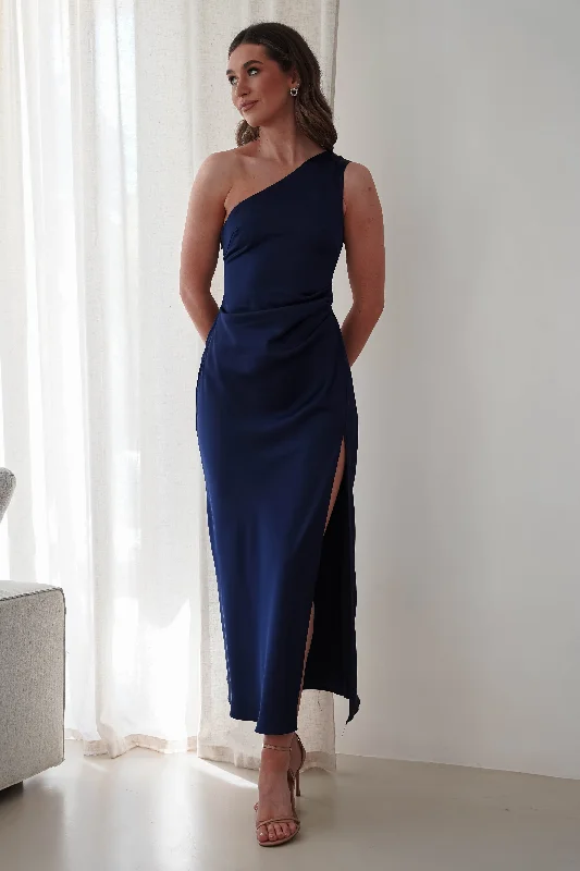 High-end Design Meera Soft Matte Satin Midaxi Dress | Navy