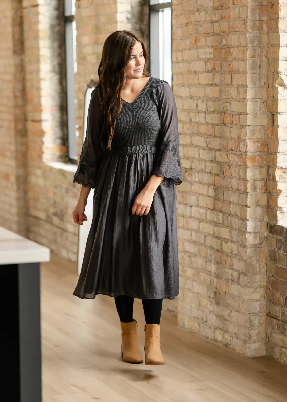 Celebrity Style Sweater Mix Embroidered Long Sleeve Midi Dress - FINAL SALE