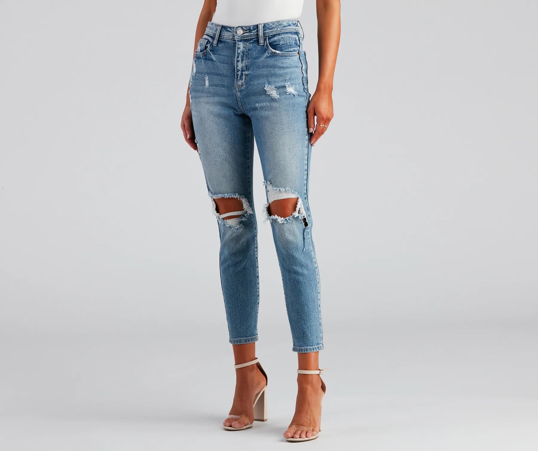Casual Style High-Rise Distressed Mom Skinny Jeans
