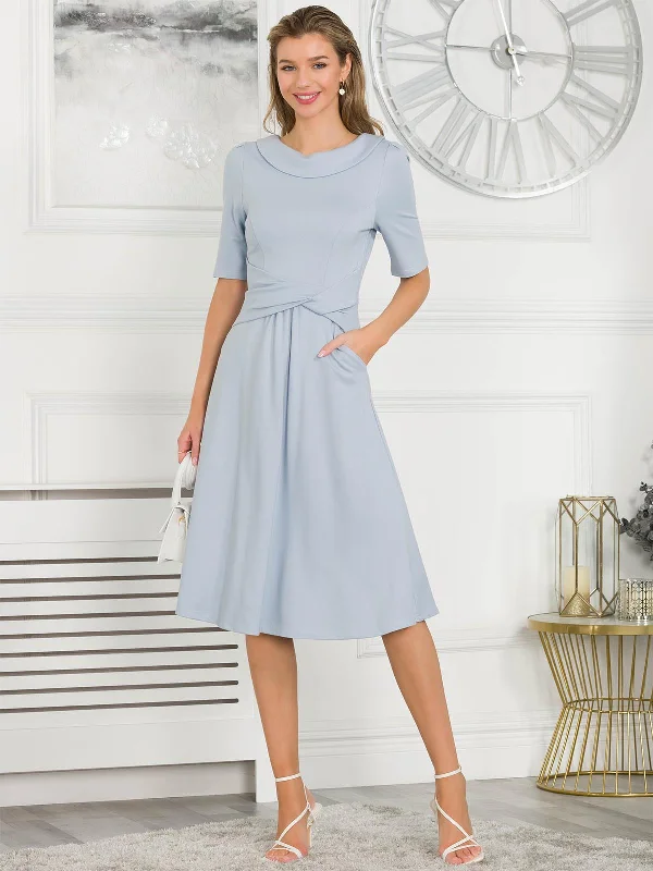 Simple Solid Color Jolie Moi Fold Over Fit and Flare Midi Dress, Dusky Blue