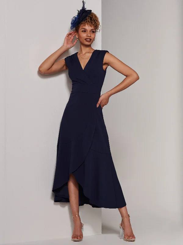 Unique Design Preslie Wrap Frill Hem Maxi Dress, Navy