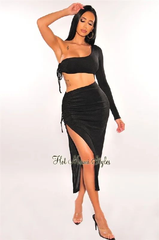 Autumn Selection Black One Sleeve Cut Out Ruched Slit Maxi Dress