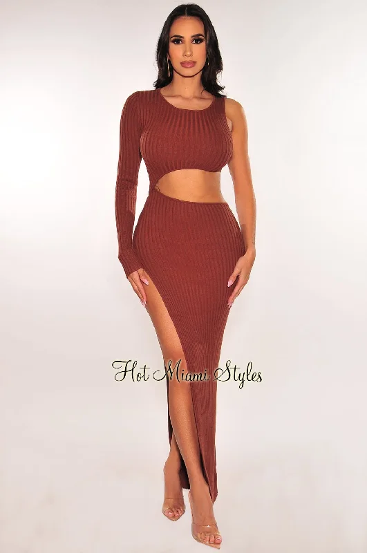 French Style Chocolate Ribbed Knit One Sleeve Cut Out Slit Maxi Dress
