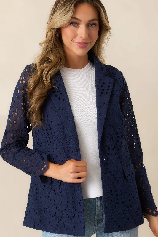 Classic Retro In Your Element Navy Cotton Eyelet Embroidered Blazer