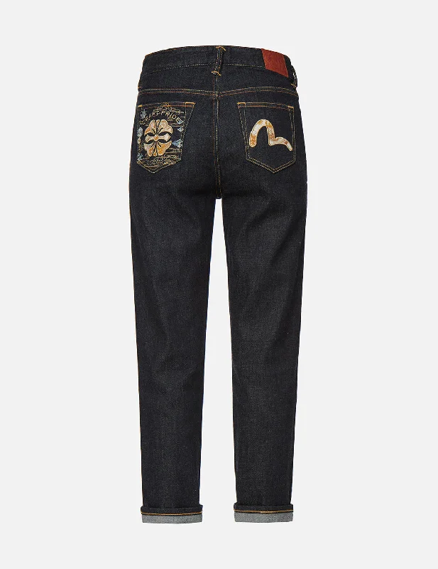 French Style Brocade Kamon and Seagull Appliqué Straight Leg Jeans