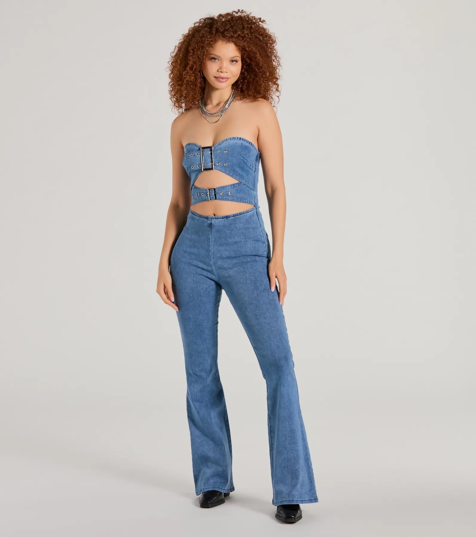 Fresh And Simple Double The Style Buckle Cutout Flare Denim Jumpsuit