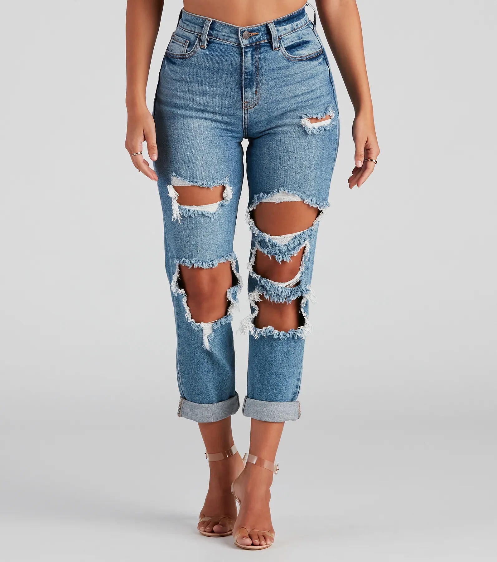 French Style Totally Destructed Cuffed Mom Jeans