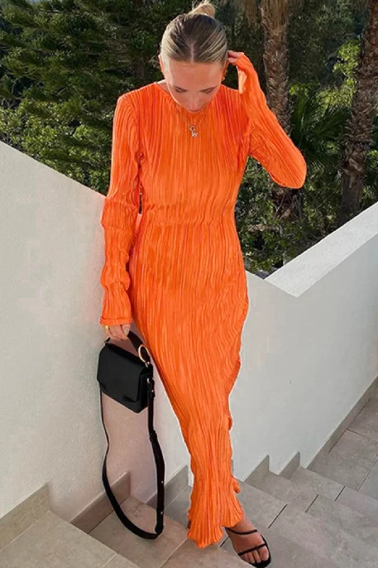 Sexy Fun Solid Color Crew Neck Pleated Maxi Dress