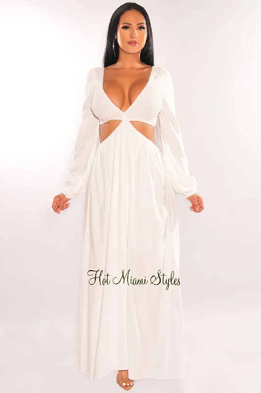 New Autumn And Winter Styles White V Neck Smocked Cut Out Long Sleeve Maxi Dress