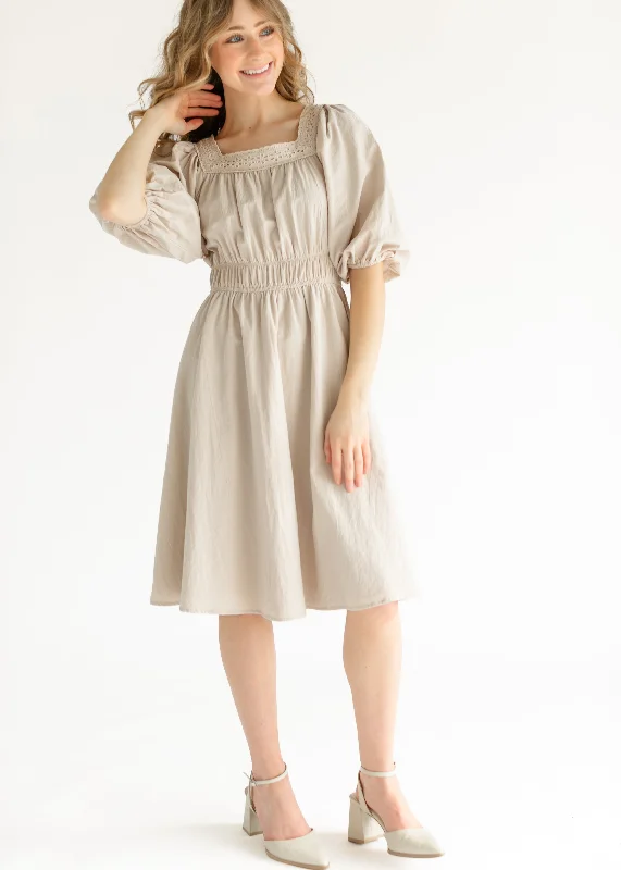 Diamond Series Eyelet Lace Trimmed Square Neck Midi Dress