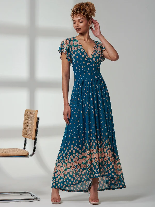 Trendy And Casual Kora Cap Sleeve Mesh Maxi Dress, Teal Floral