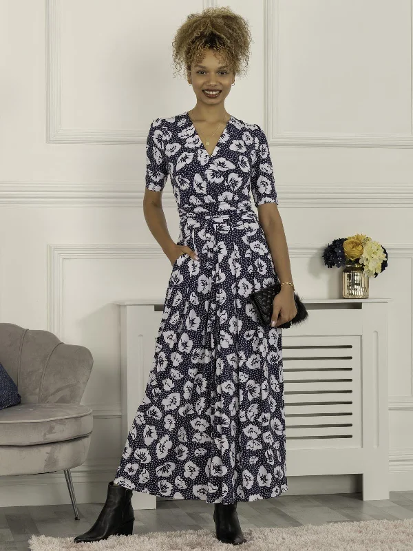 Fashionable Items Evita Floral Print Maxi Jersey Dress, Navy White Floral