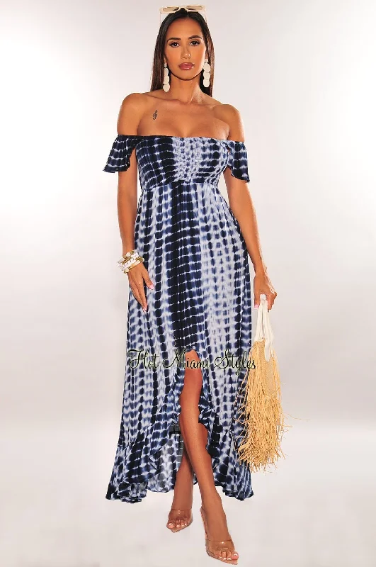 Body Design Navy Tie Dye Off Shoulder Smocked Ruffle Maxi Dress