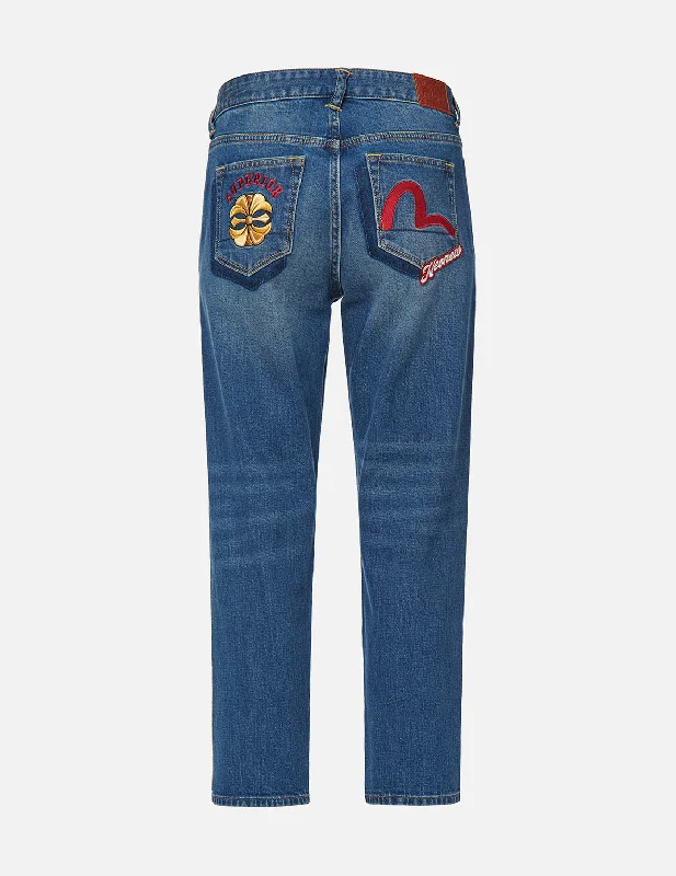 Wearable At Home Or Out Kamon and Seagull Embroidered Relax-Cut Denim Jeans