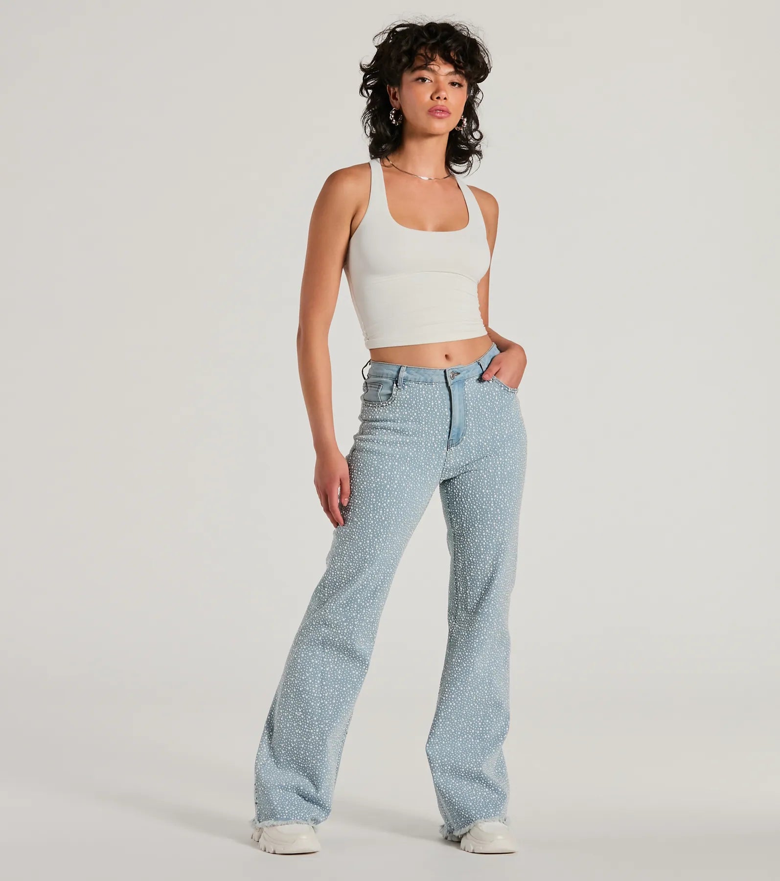 Lively And Youthful Beaming Perfection Faux Pearl Bootcut Denim Jeans