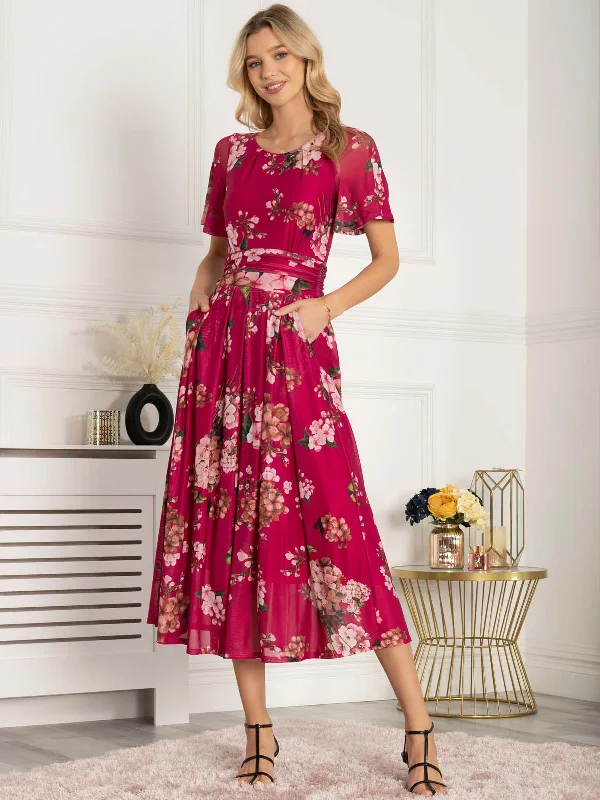 Fashion Must-have Julita Floral Mesh Midi Dress, Berry