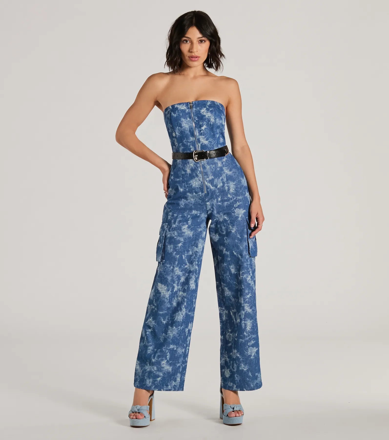 Embroidered Letters Good Vibes Strapless Tie-Dye Wide-Leg Cargo Jumpsuit