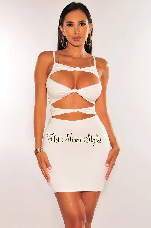 Celebrity Style White Spaghetti Straps Knotted Cut Out Mini Dress