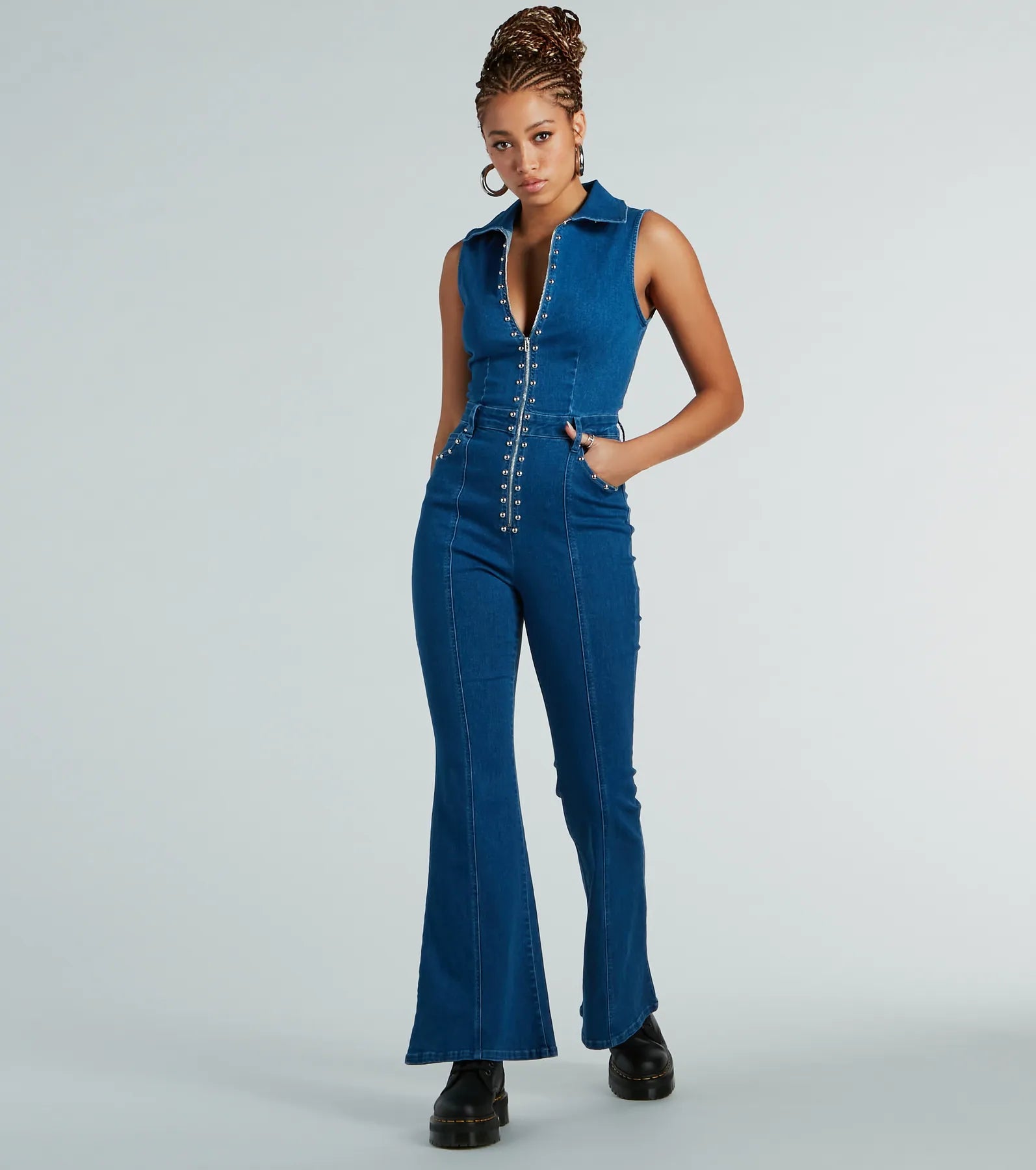 Personalized Clothing Retro Attitude Studded Flared-Leg Denim Jumpsuit