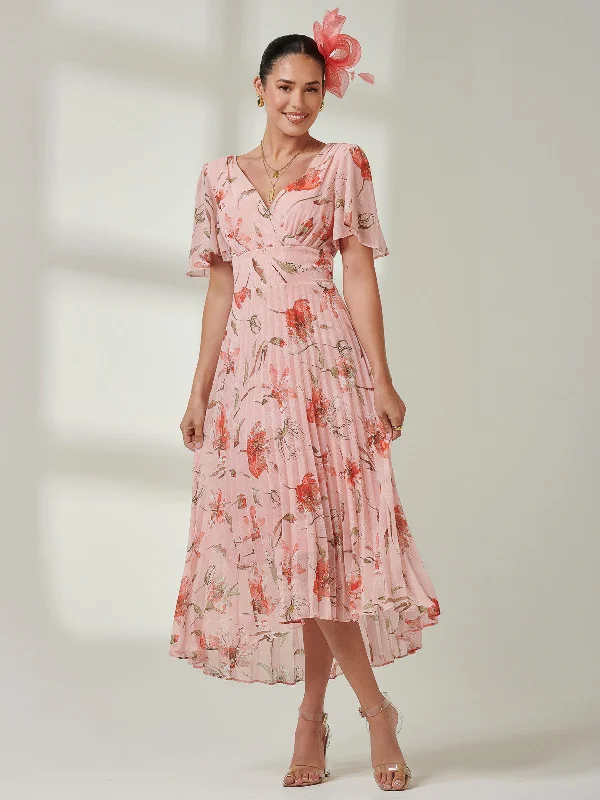Girl Style Pleated Dip Hem Chiffon Maxi Dress, Coral Pink