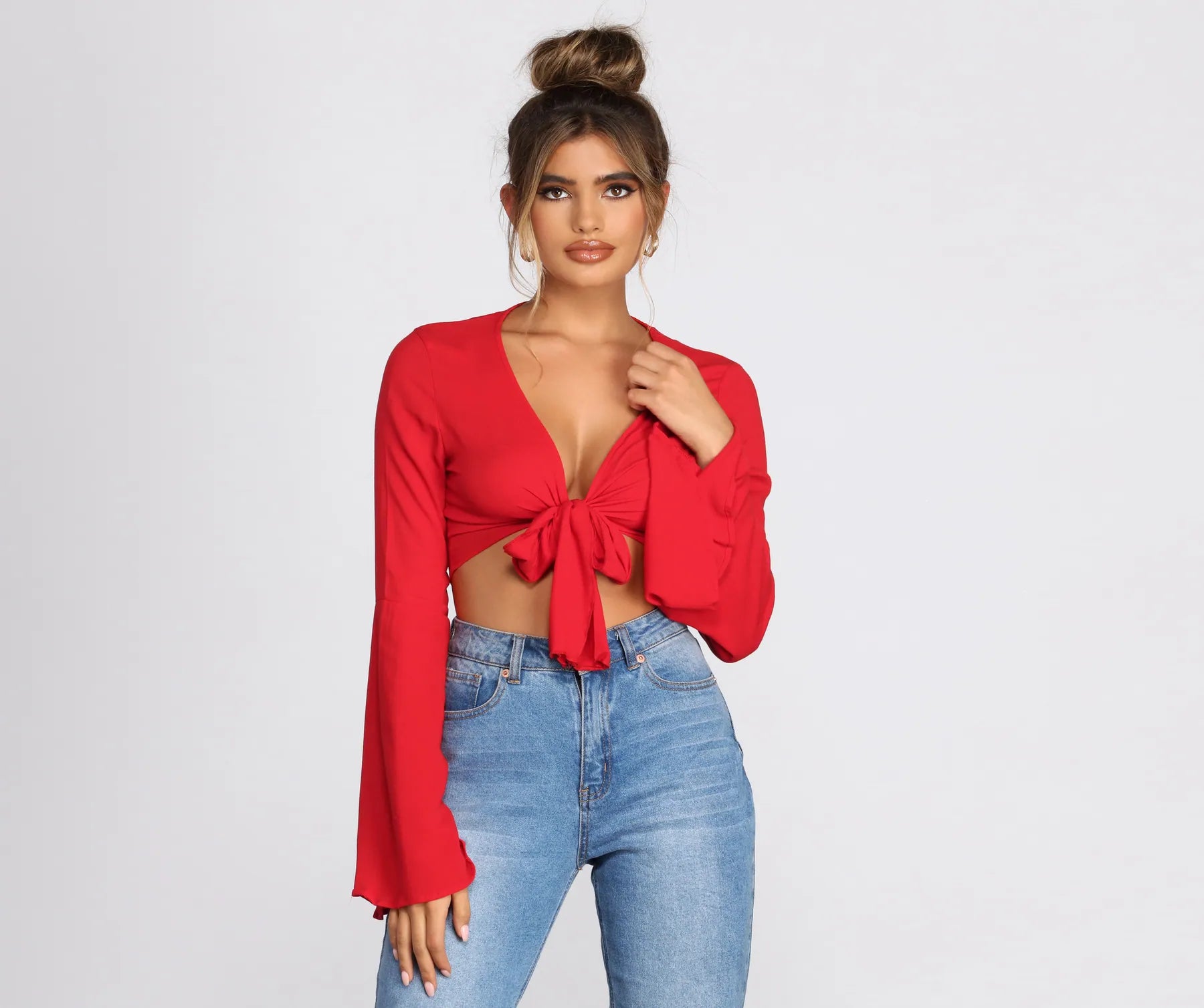 Versatile Items Woven Bell Sleeve Tie Front Top