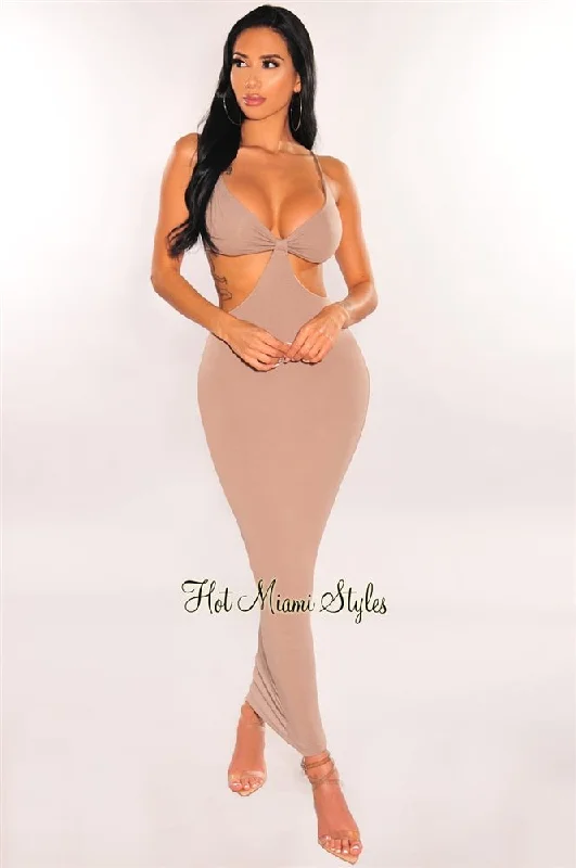 Retro Fashion Taupe Spaghetti Straps Knotted Cut Out Maxi Dress