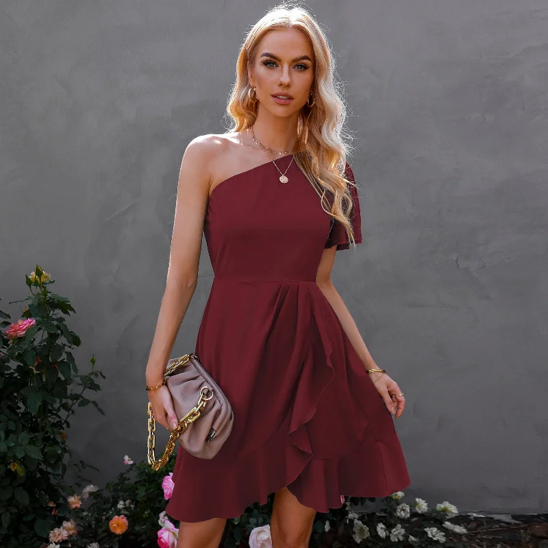 Comfortable And Cold-proof Kaine Satin One Shoulder Ruffle Dress - Red - FINAL SALE