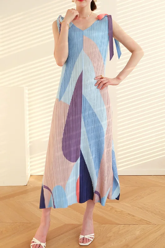 Minimalism Fully Pleated Tie-Shoulder Print Dress