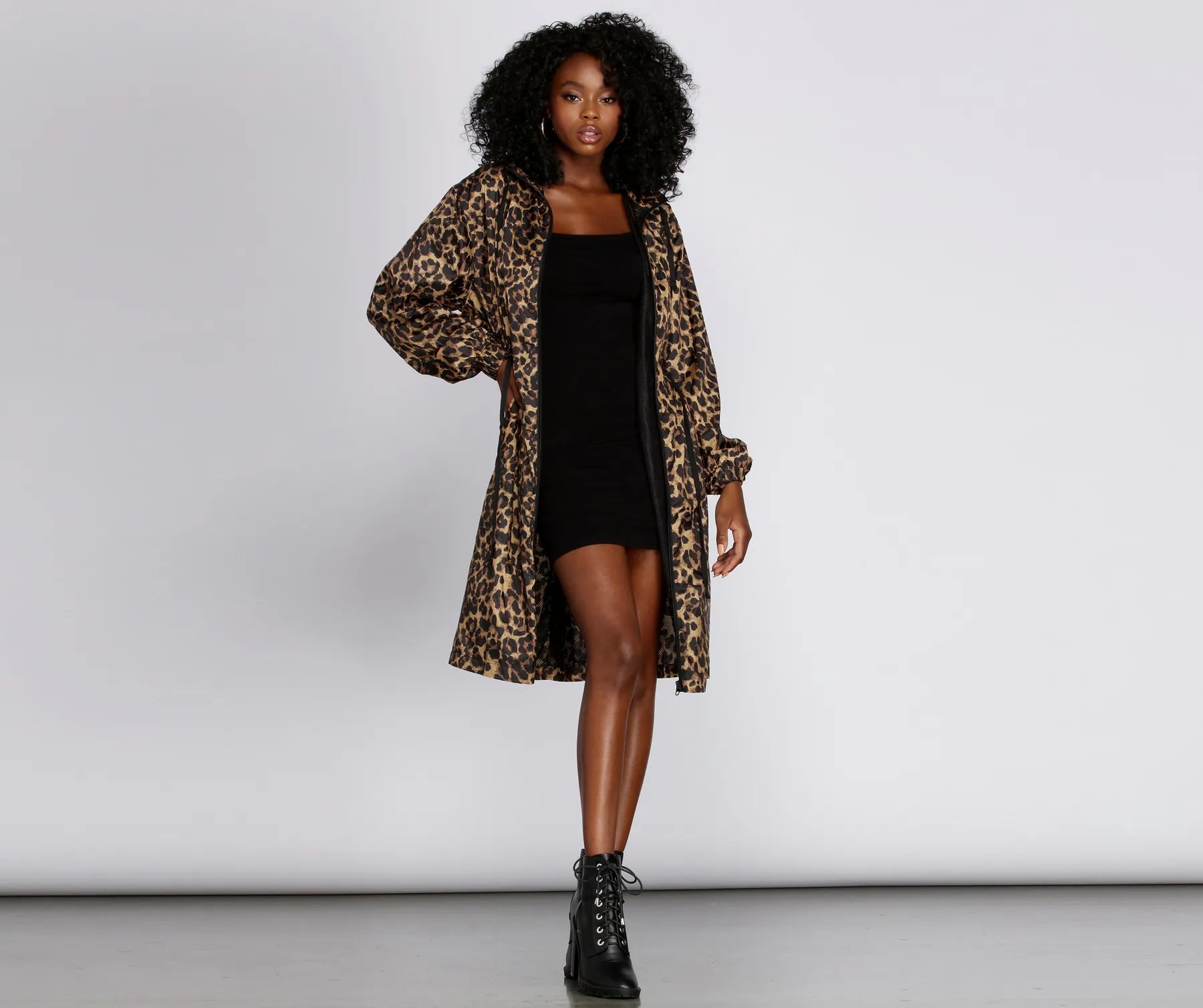 Urban Sense Long Line Leopard Print Anorak Windbreaker
