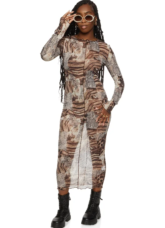 Celebrity Style Mesh Mixed Print Bodycon Dress