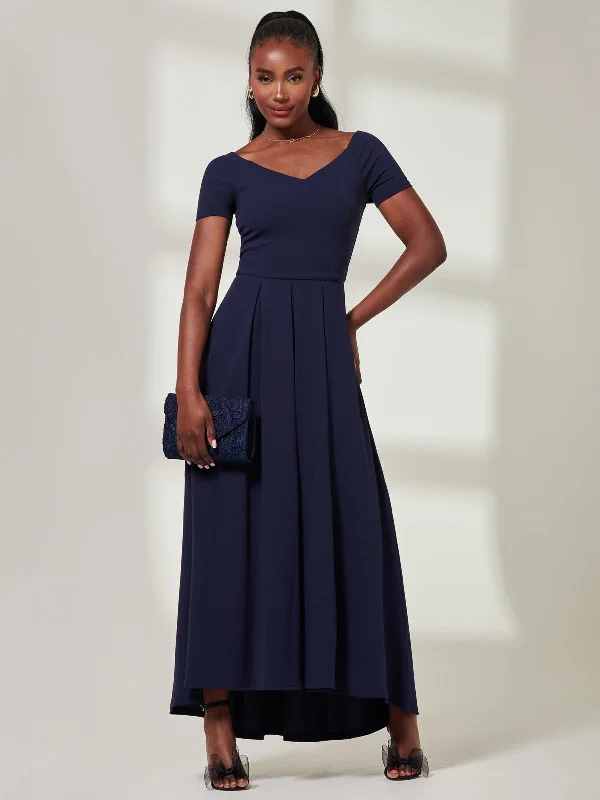 French Style Yana Off Shoulder Scuba Maxi Dress, Navy