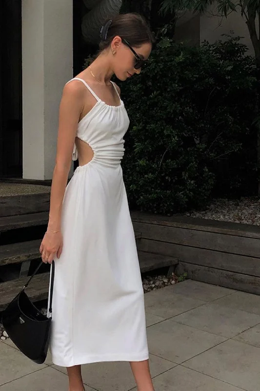 British Style Cut-out Backless Strappy White Dress