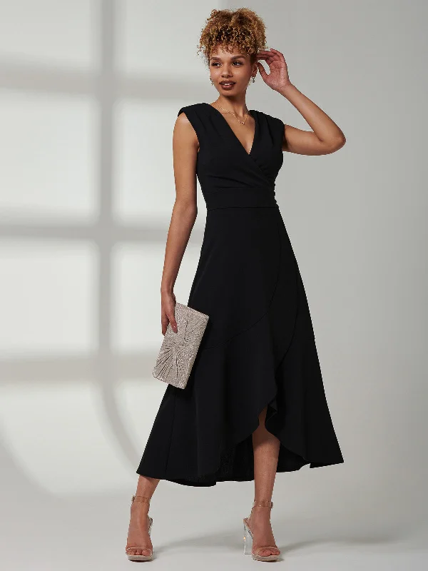 Retro Fashion Preslie Wrap Frill Hem Maxi Dress, Black