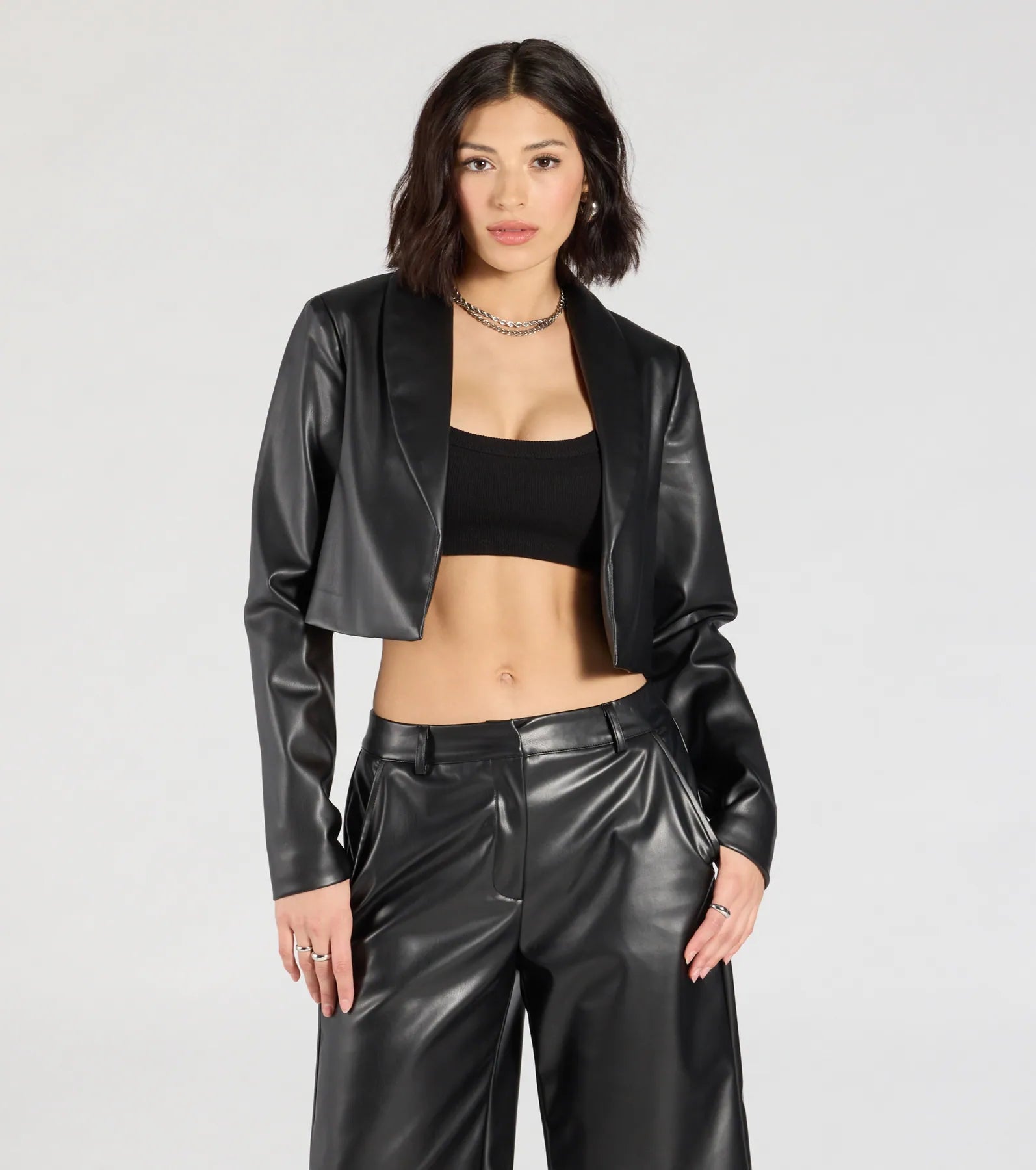 French Style Chic Layer Faux Leather Cropped Blazer