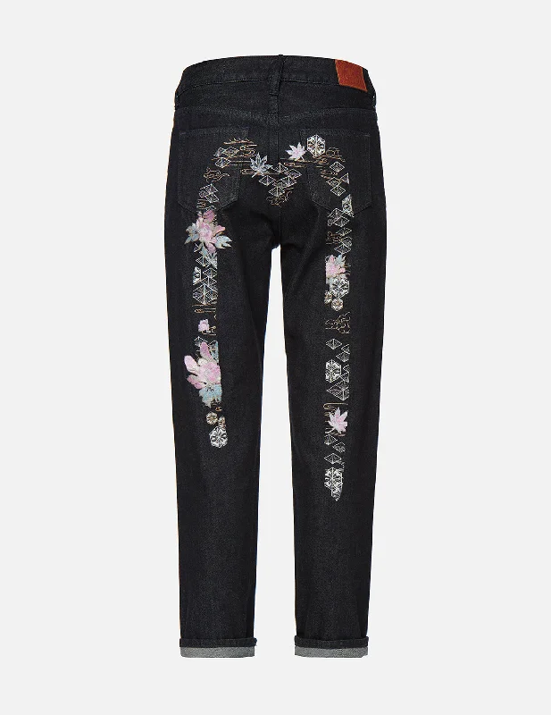 British Style Brocade and Floral-pattern Daicock Embroidery Relax-Cut Jeans