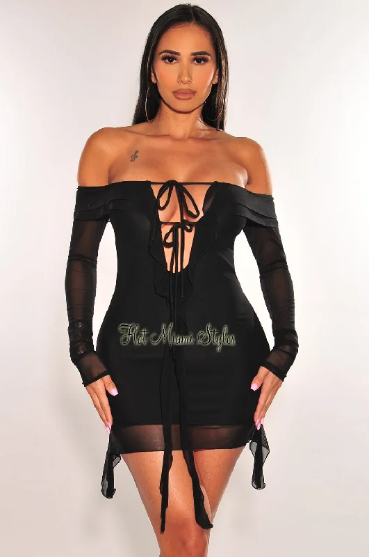Classic And Versatile Black Mesh Off Shoulder Tie Up Long Sleeve Ruffle Mini Dress