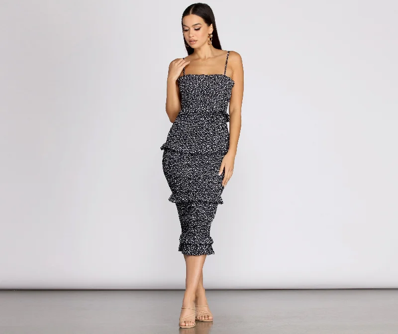 Comfortable And Cold-proof Sweet & Smocked Charming Ditsy Ruffle Midi Dress