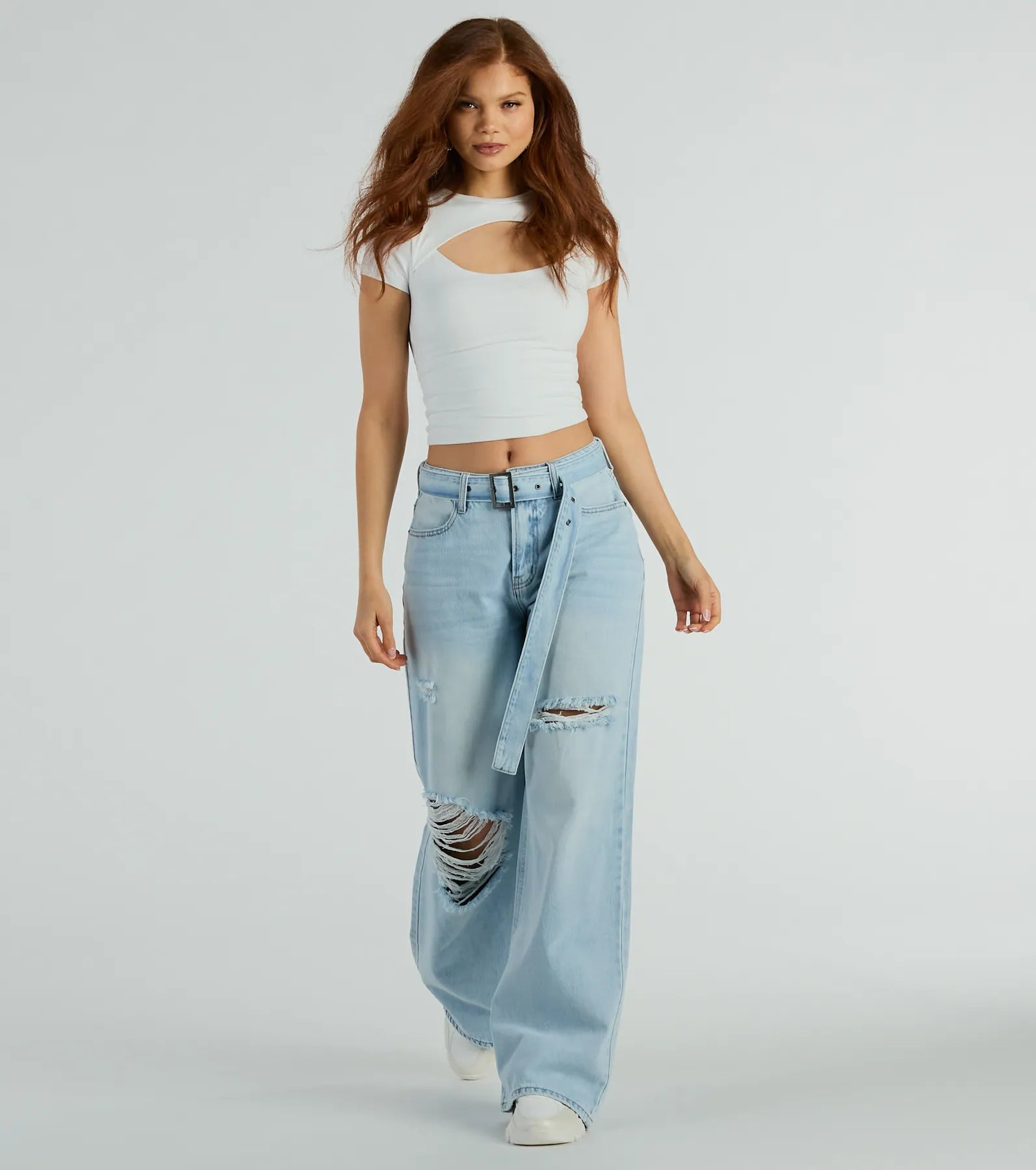 Comfortable And Versatile Cool Vibes High-Rise Belted Destructed Wide-Leg Jeans