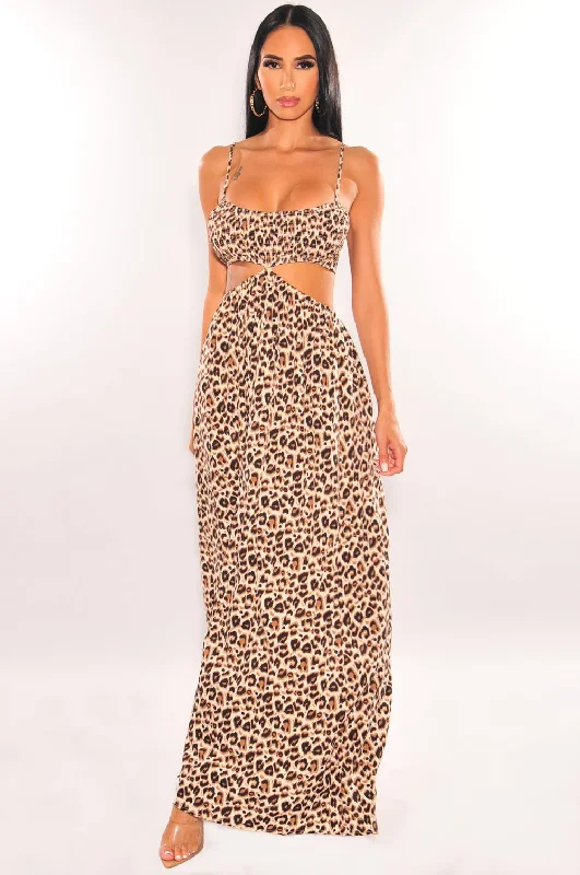 Eye-catching Personality Leopard Print Spaghetti Straps Smocked Cut Out Maxi Dress