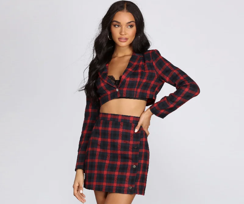 British Fashion Preciously Plaid Cropped Blazer