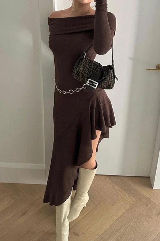 Designer Style Off Shoulder Irregular Ruffle Hem Knit Dress