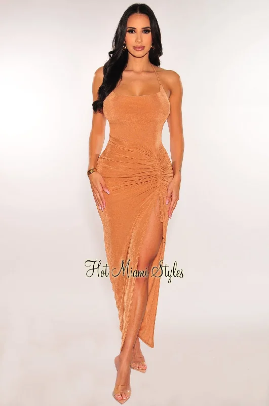 Casual Style Mocha Ribbed Shimmery Halter Drawstring Slit Maxi Dress