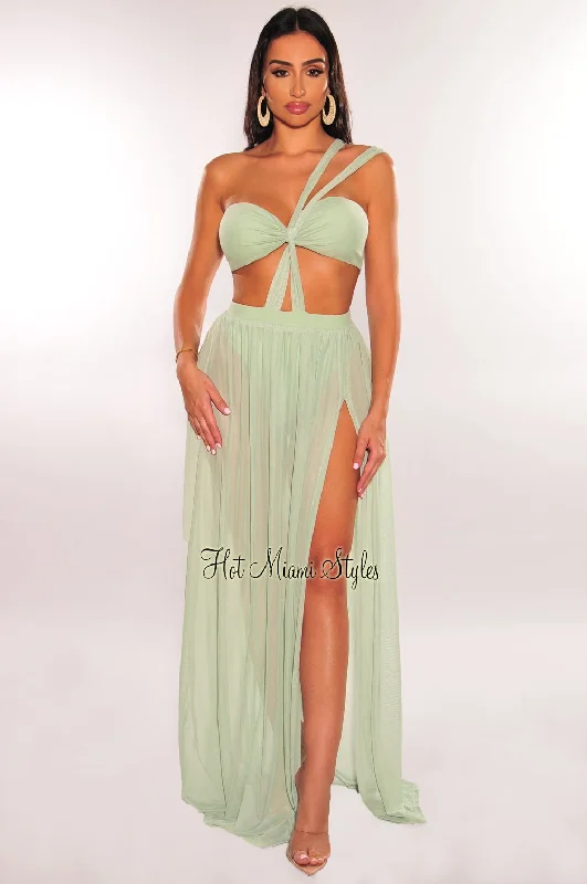 Sports Design Sage One Shoulder Cut Out Strappy Slit Maxi Dress