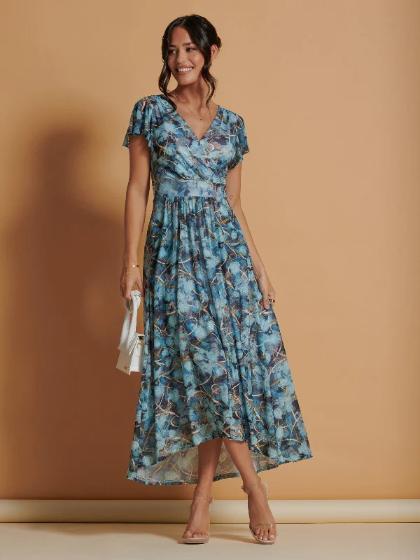Feminine Charm Mesh V-Neck Maxi Dress, Blue Abstract
