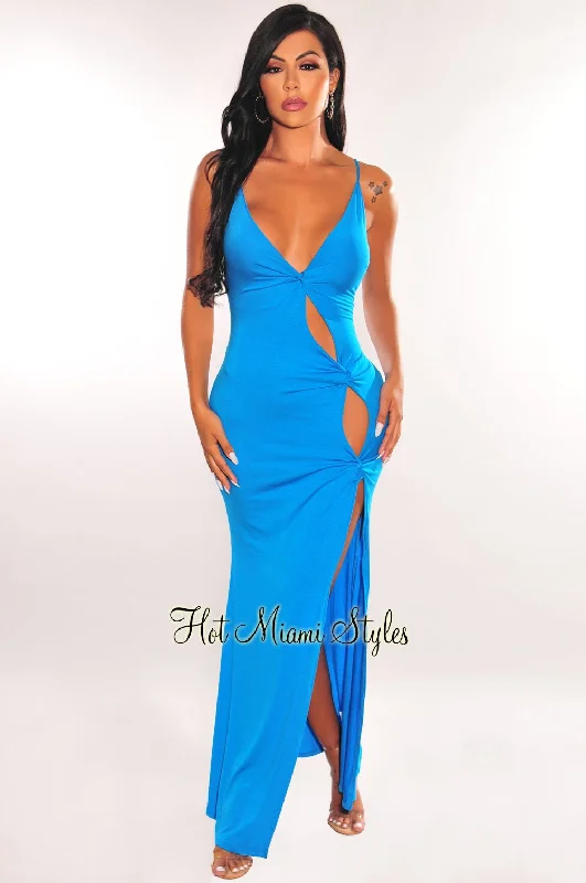 Comfortable And Casual Blue Spaghetti Straps Knotted Cut Out Slit Maxi Dress